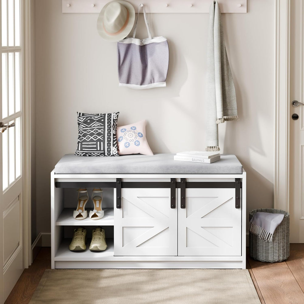 Mondeer Shoe Storage Bench, 2-Tier Farmhouse Entryway Bench with Sliding Barn...