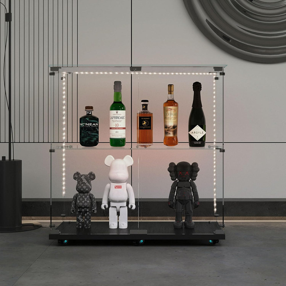 2-Tier Glass Display Cabinet with Bluetooth LED Light Strip, 2-Door Floor Sta...
