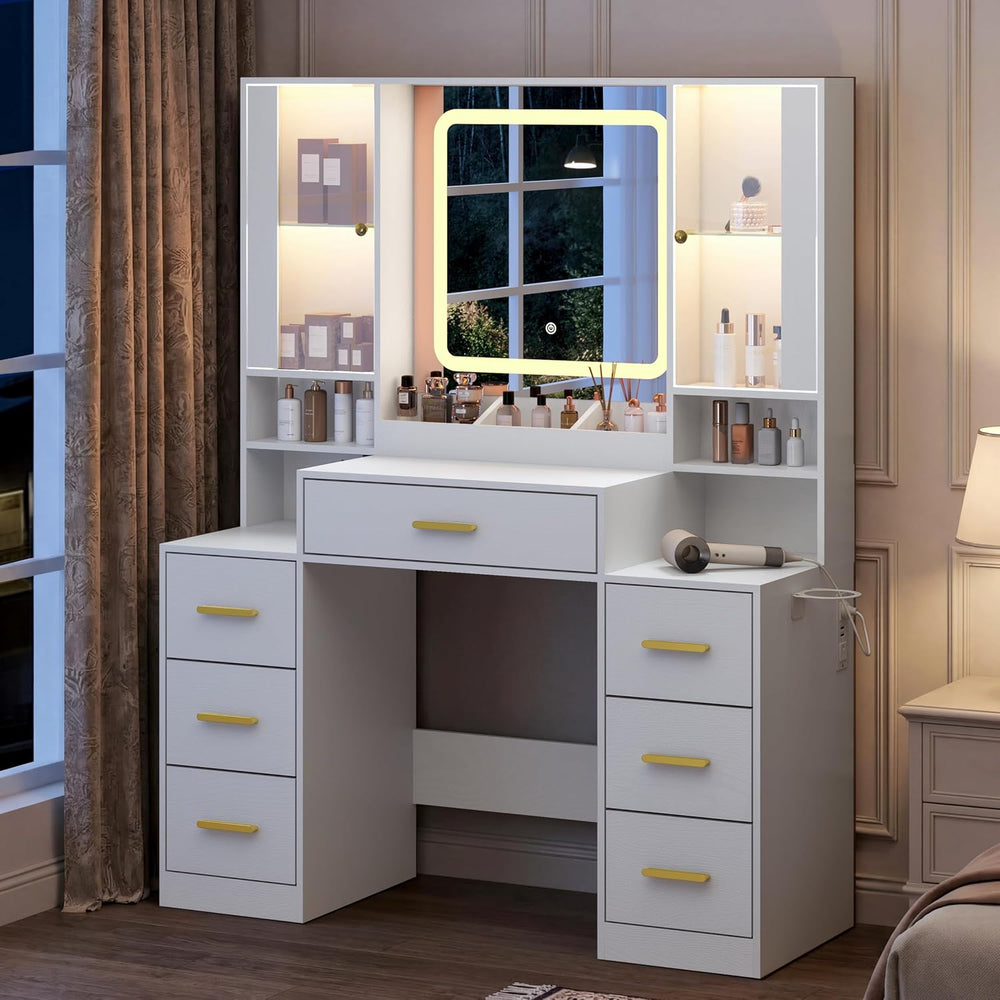 BORNOON Vanity Desk with Mirror and Lights, Makeup Vanity with 7 Drawers, 2 G...