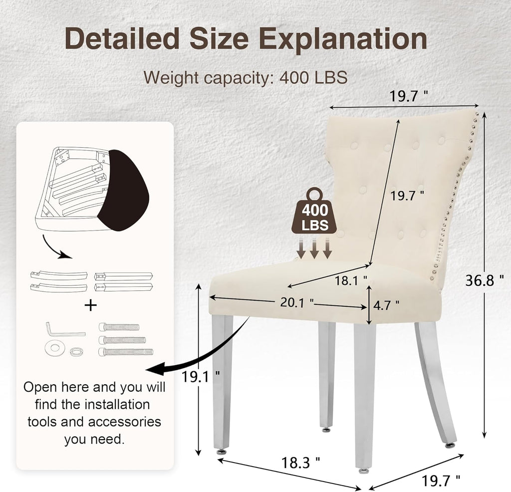 adochr Velvet Dining Chairs Set of 6, Upholstered Kitchen Chairs with Mteal Legs, Modern Button Tufted Back with Square Pull Ring Trim for Dining Room, Beige