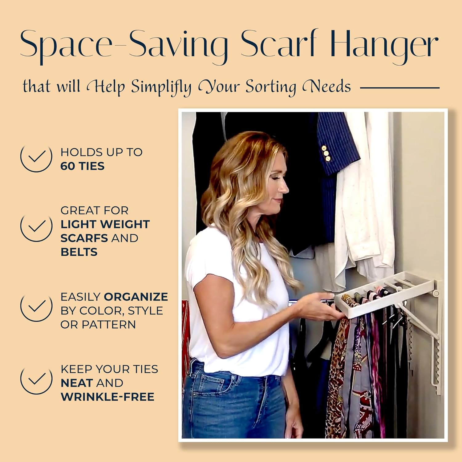 TieMaster Tie Rack and Scarf Organizer, Battery-Free Design, Holds 60 Ties and Scarves with 5 Belt Hooks, Easy Installation, Wall Mounted Tie Organizer, for Men & Women