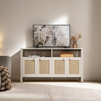 SICOTAS Rattan TV Stand for Television up to 65 Inch - 29.5" Tall Entertainment Center with Storage and Open Shelves,Boho Credenza TV Console Cabinet with 4-Doors and Adjustable Shelf for Living Room