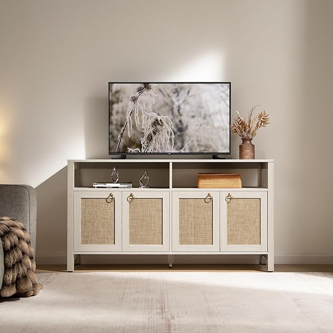 SICOTAS Rattan TV Stand for Television up to 120" - Large Entertainment Center with Storage and Open Shelves, Boho Media TV Console Cabinet with Doors and Adjustable Shelf for Living Room