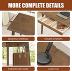 Solid Wood Desk with Drawers - 48 Inch Mid Century Modern Desk, Vintage Desks with 2 Hooks, Simple Writing Study Table, Mid Century Desks for Bedroom, Living Room & Office, Walnut Color