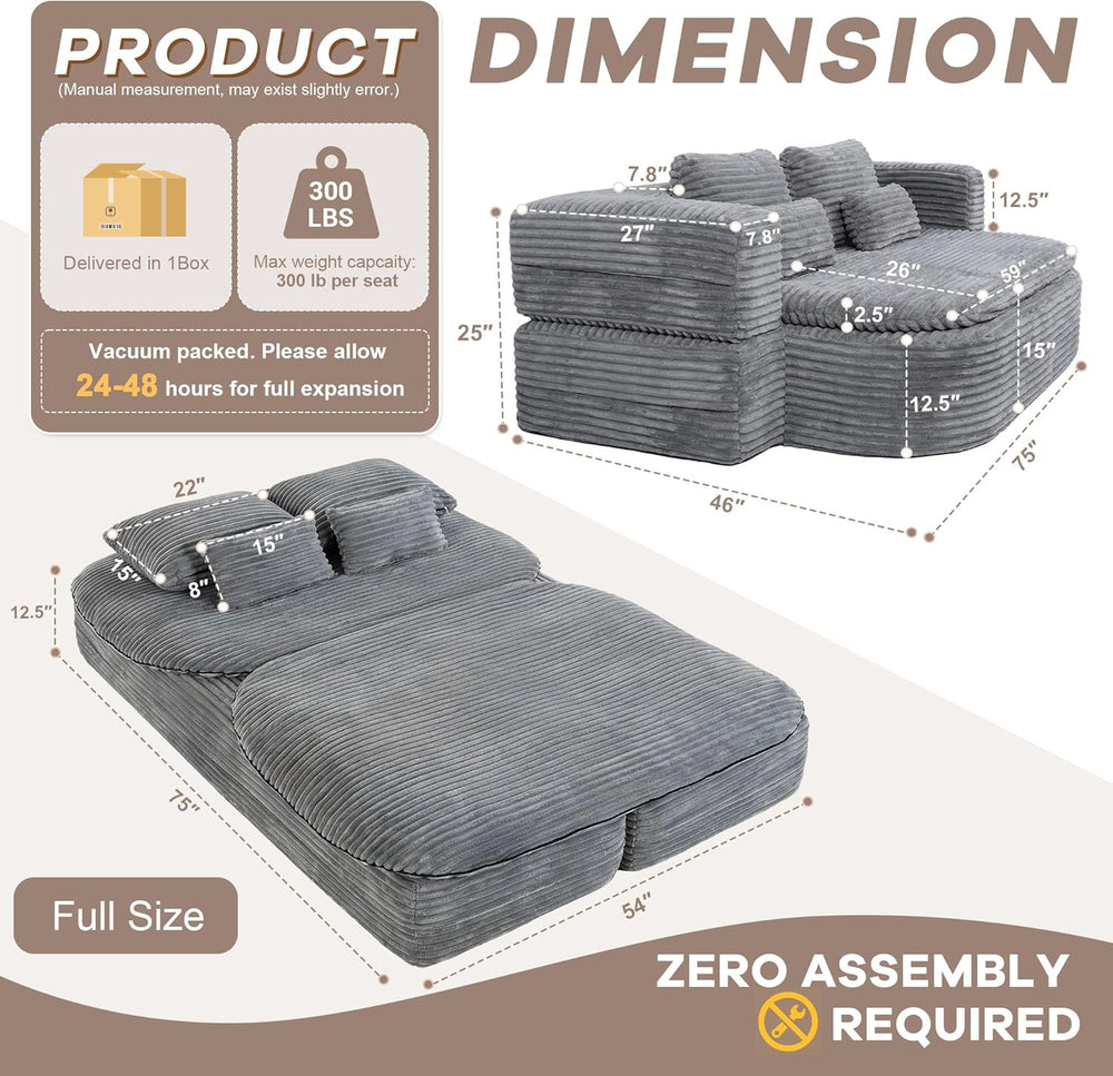 75'' Folding Sleeper Sofa Bed, Memory Foam Fold Out Couch, Foldable F...