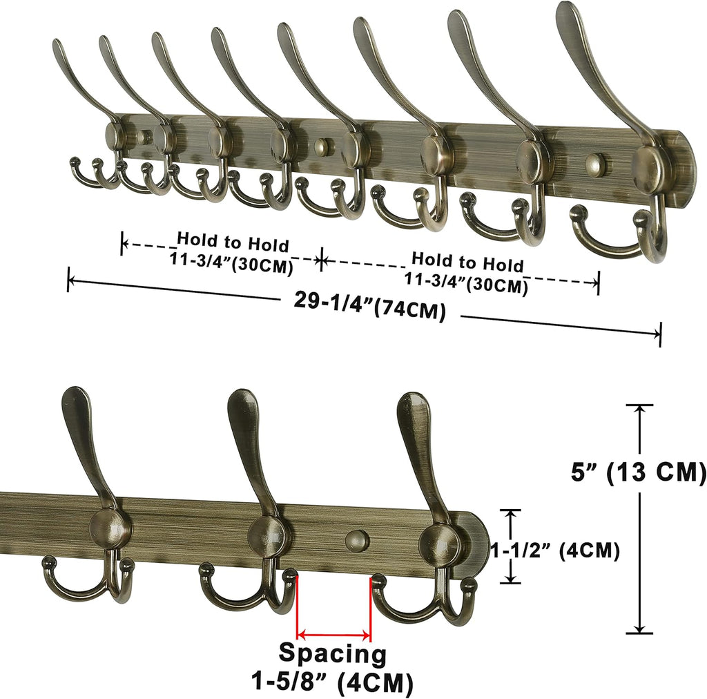 Dseap Coat Rack Wall Mount - 29.5” Long 8-Tri-Hooks Heavy Duty Coat Hanger Rail Wall Hooks for Hanging Coats Hats Clothing Clothes Purse Mudroom Entryway, Bronze