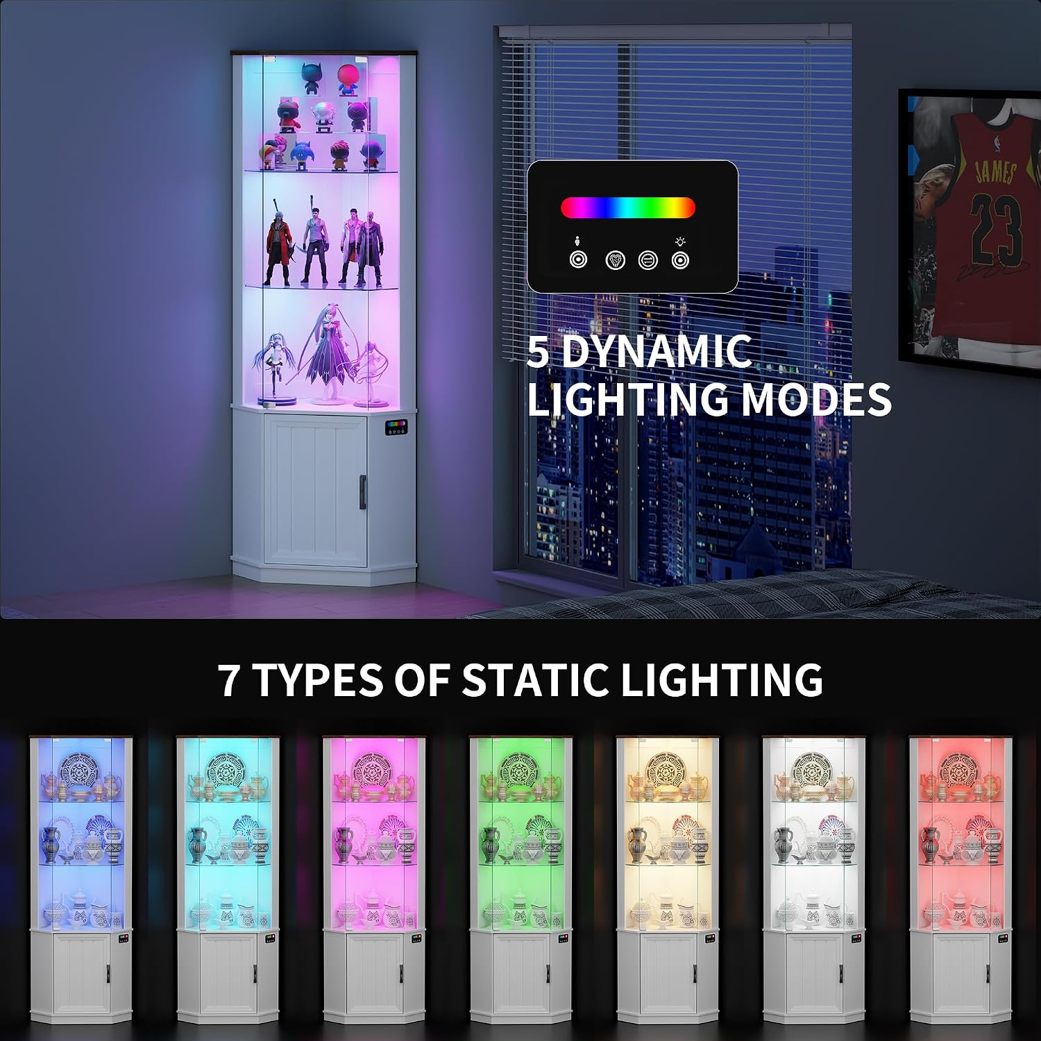 69" Corner Glass Display Cabinet with RGB Lights for Living Room, White | Curio Display with 3-Tier Movable Glass Shelves and Human Body Sensor,Display Cabinet for Toys,Books,Collectibles,Liquor