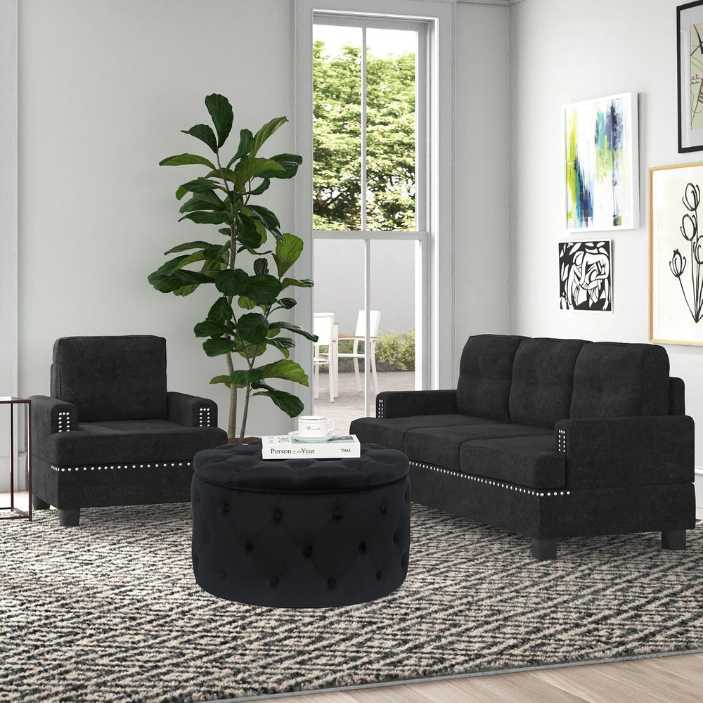 Joveco Round Storage Ottoman, Button Tufted Upholstered Ottoman with Removabl...