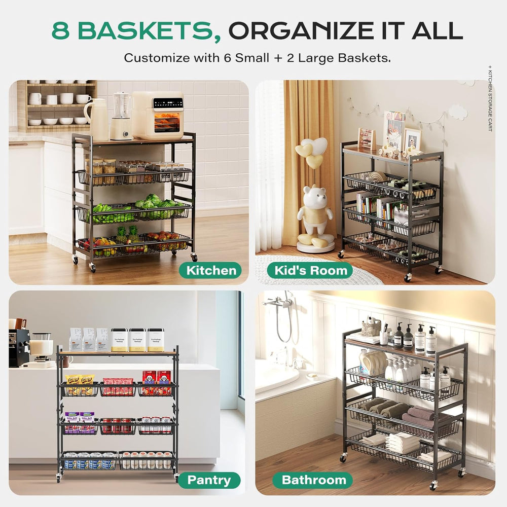 Cinati 4-Tier Utility Kitchen Cart with Wood Top, 29" W Kitchen Storage ...