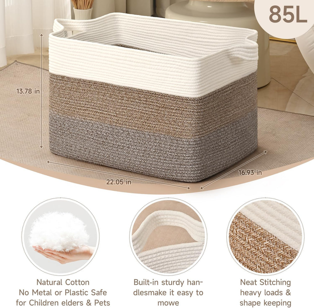 CLHMILY&Z Stylish Square Cotton Rope Storage Basket (Brown & White, 85L)