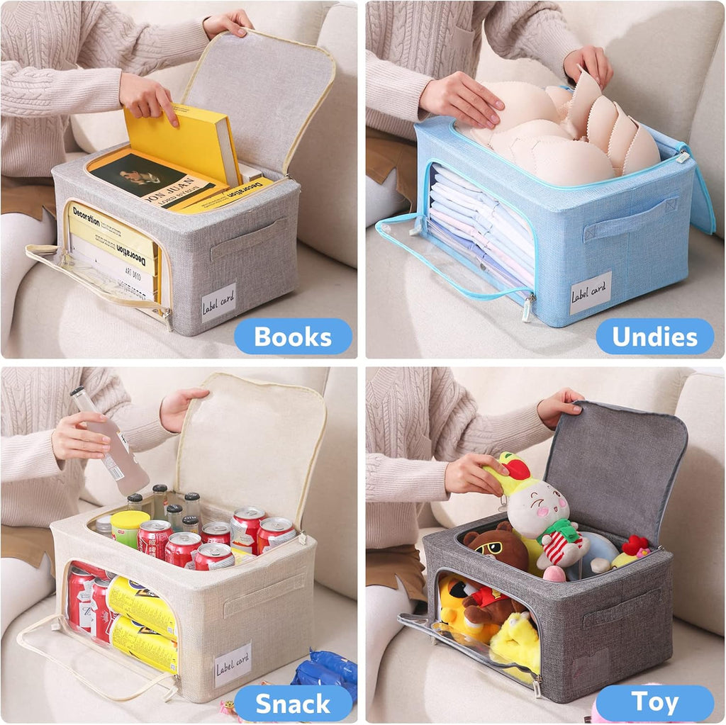 CYhom Clothes Storage Bins Box - Foldable Stackable Container Organizer Set with Clear Window & Carry Handles & Metal Frame - 2Pack Large Capacity for Bedding, Blankets, Books