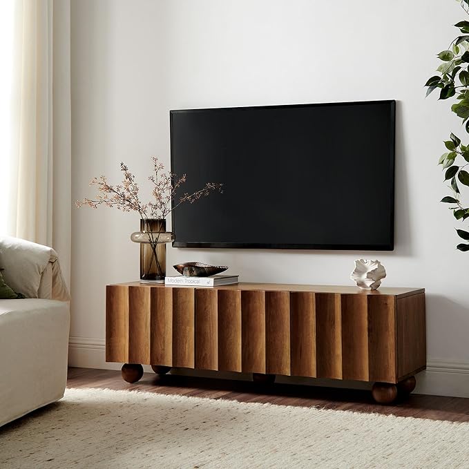Modway Sorren 54 Inch Scalloped TV Stand in Walnut – 3 Door Media Console Cab...