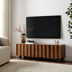 Modway Sorren 54 Inch Scalloped TV Stand in Walnut – 3 Door Media Console Cabinet – Modern Storage TV Stand with Doors