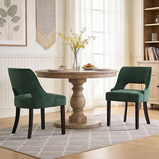 ClinQ Wooden Dining Chairs Set of 2, Modern Fabric Upholstered Kitchen Chairs Dining Chair, Mid Century Modern Chair for Kitchen Dining Room, Farmhouse Kitchen Chairs, Dark Green-Black Legs