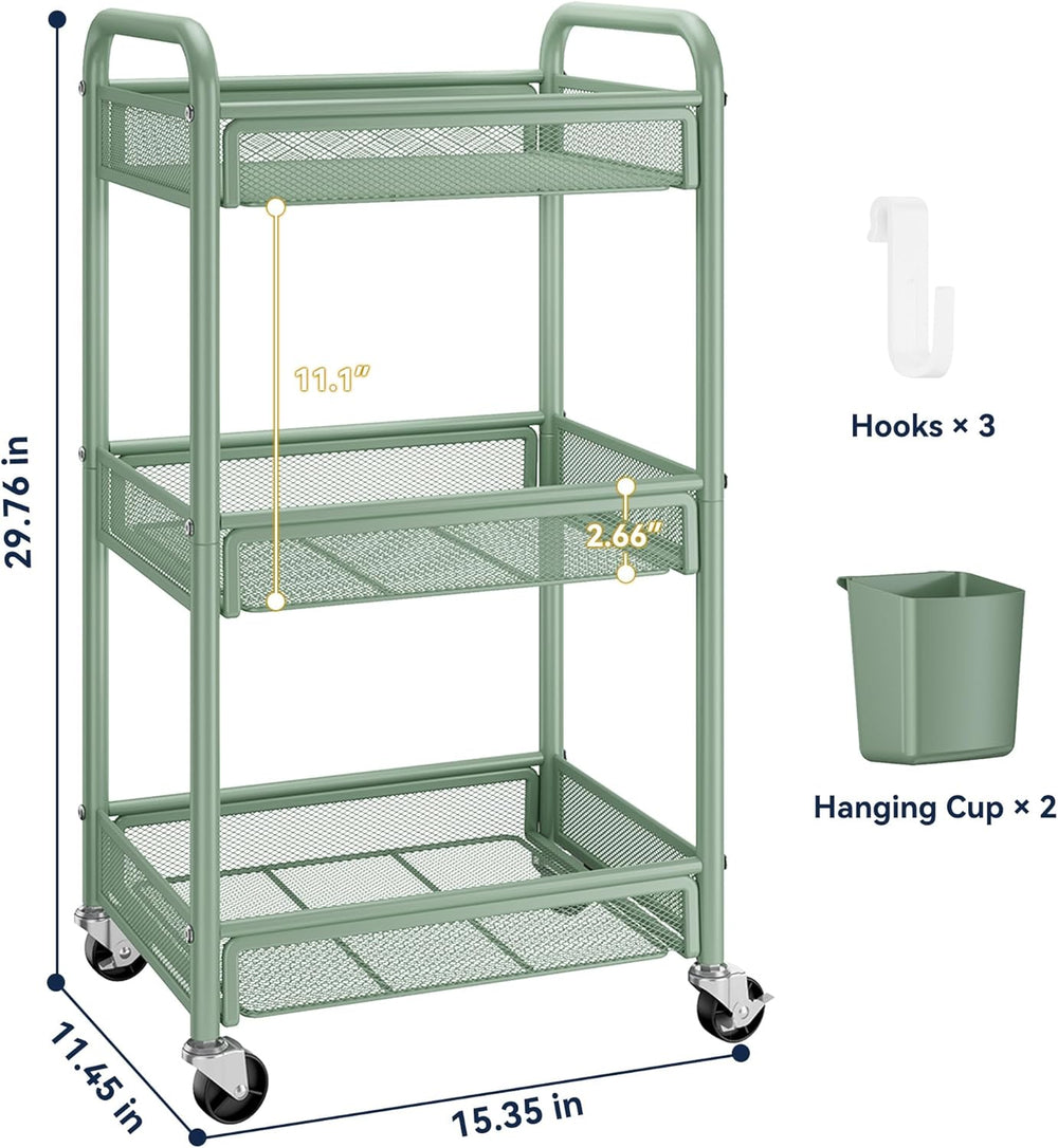 YASONIC 3 Tier Metal Rolling Cart, Green Utility Storage Cart with Wheels | M...