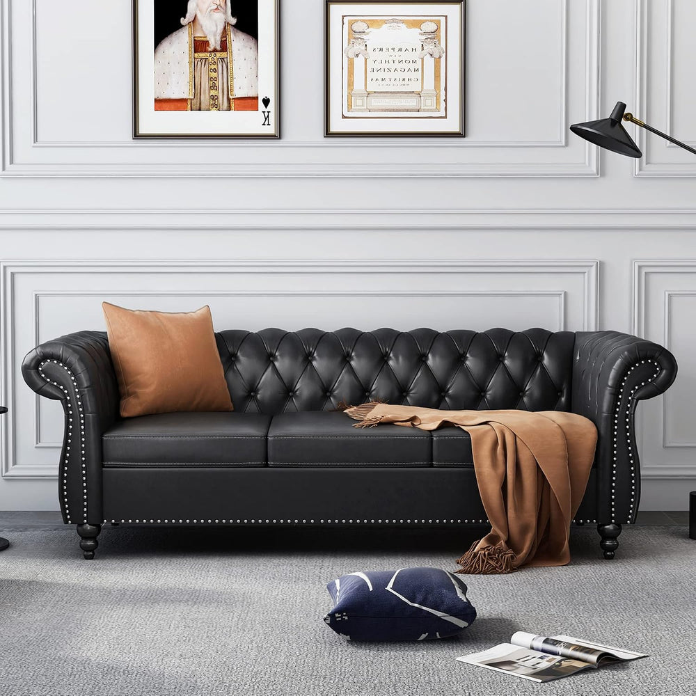 AVZEAR 84" Chesterfield Sofa 3-Seater, Classic Roll Arm PU Leather Couch...