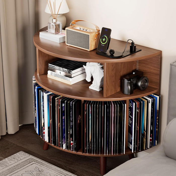 31.5" Record Player Stand with Power Outlet, Curved Vinyl Storage Cabinet