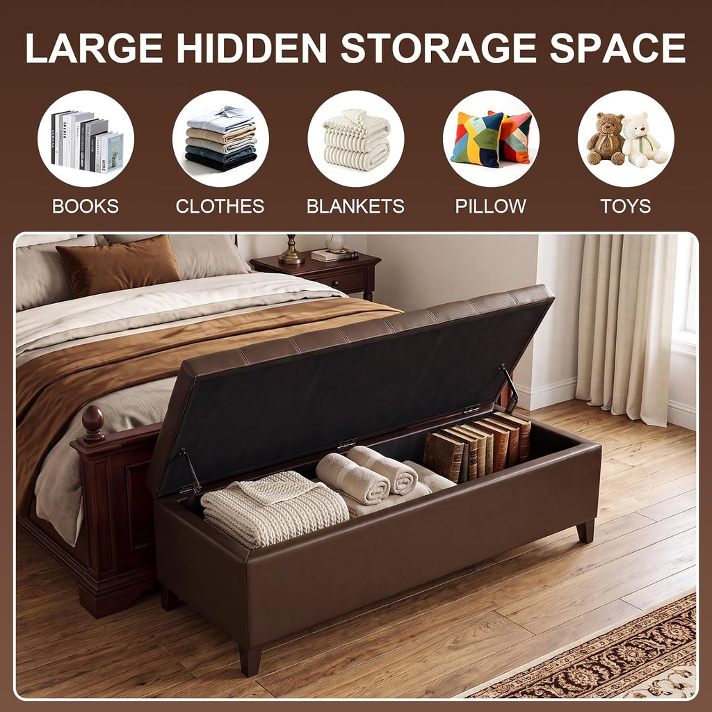 51" Dark Brown Leather Storage Ottoman for Living Room | End of Bed Storage Ottoman Bench, Faux Leather Upholstered Ottomans with Hinged Lid, Rectangle Bench for Entryway&Bedroom