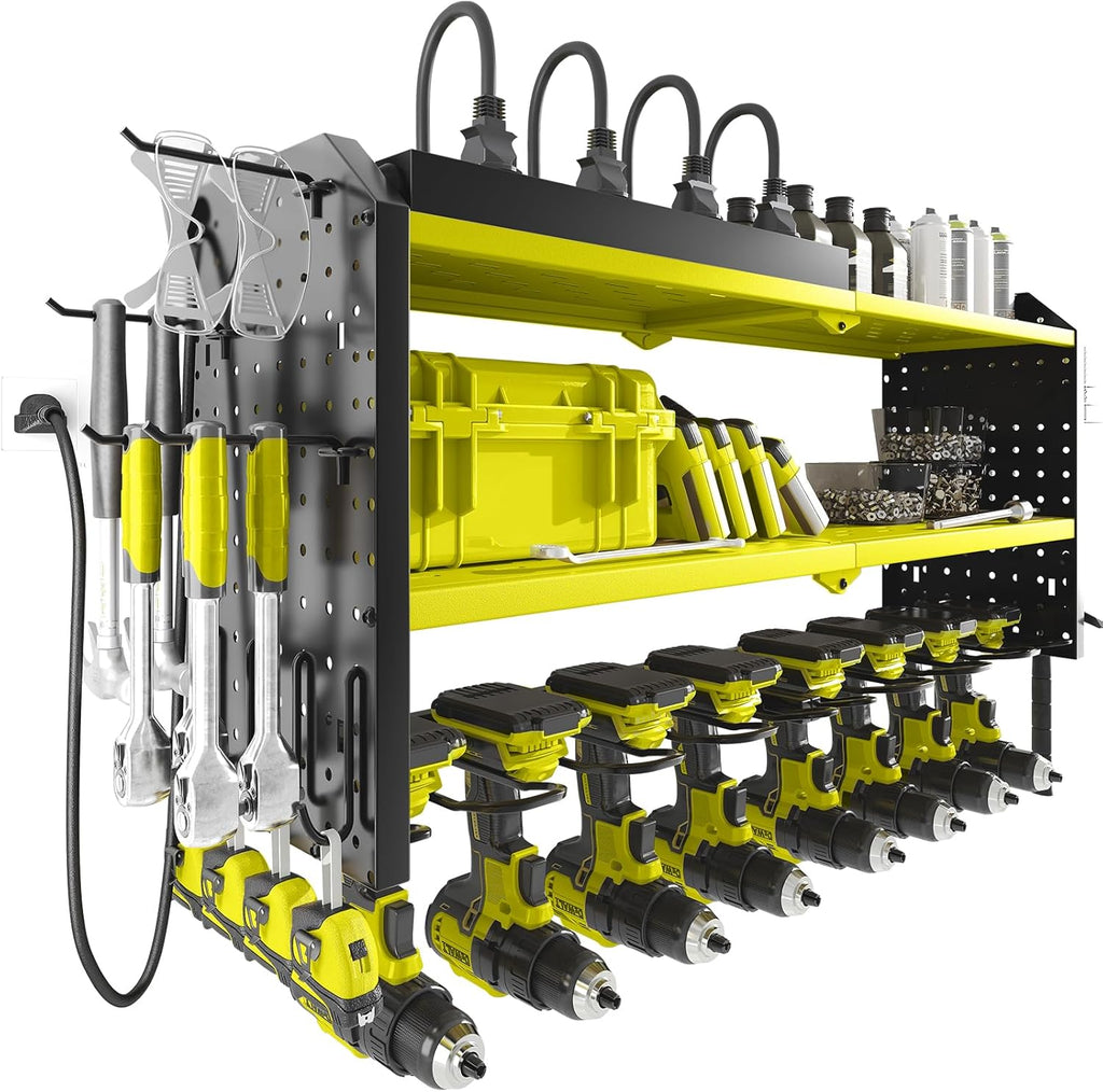 Warome Garage Power Tool Organizer with 8-Outlet Power Strip, Tool Storage Rack Wall Mount with 8 Cordless Drill Holders, Tool Organization Shelf with Charging Station in Green