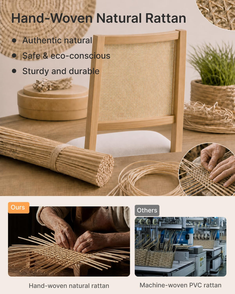 KISLOT Natural Rattan Dining Chairs Set of 6, Soild Wooden Chairs, Natural