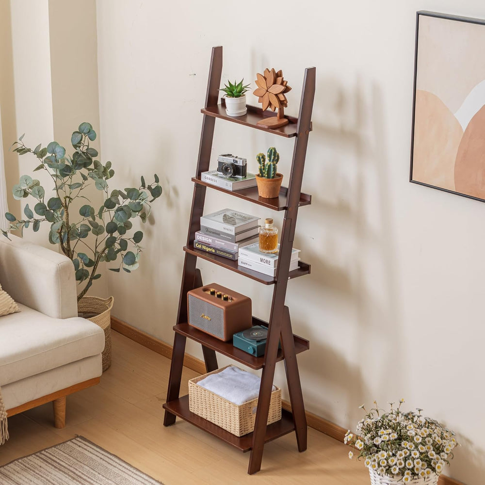 Maydear Bamboo Ladder Shelf Bookcase, 5-Tier Leaning Bookshelf Free Standing ...
