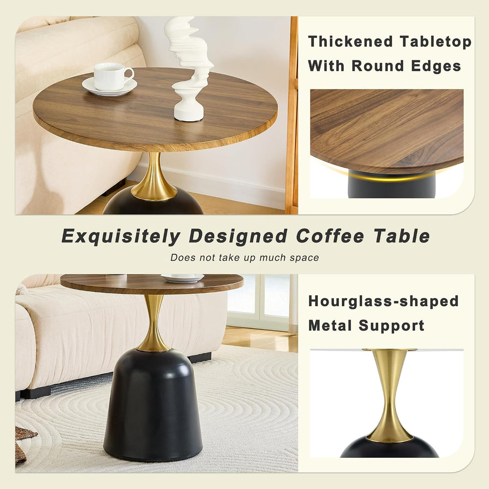 Round Side Table with Walnut Wood Grain Top, Black Metal Base with Gold Accen...