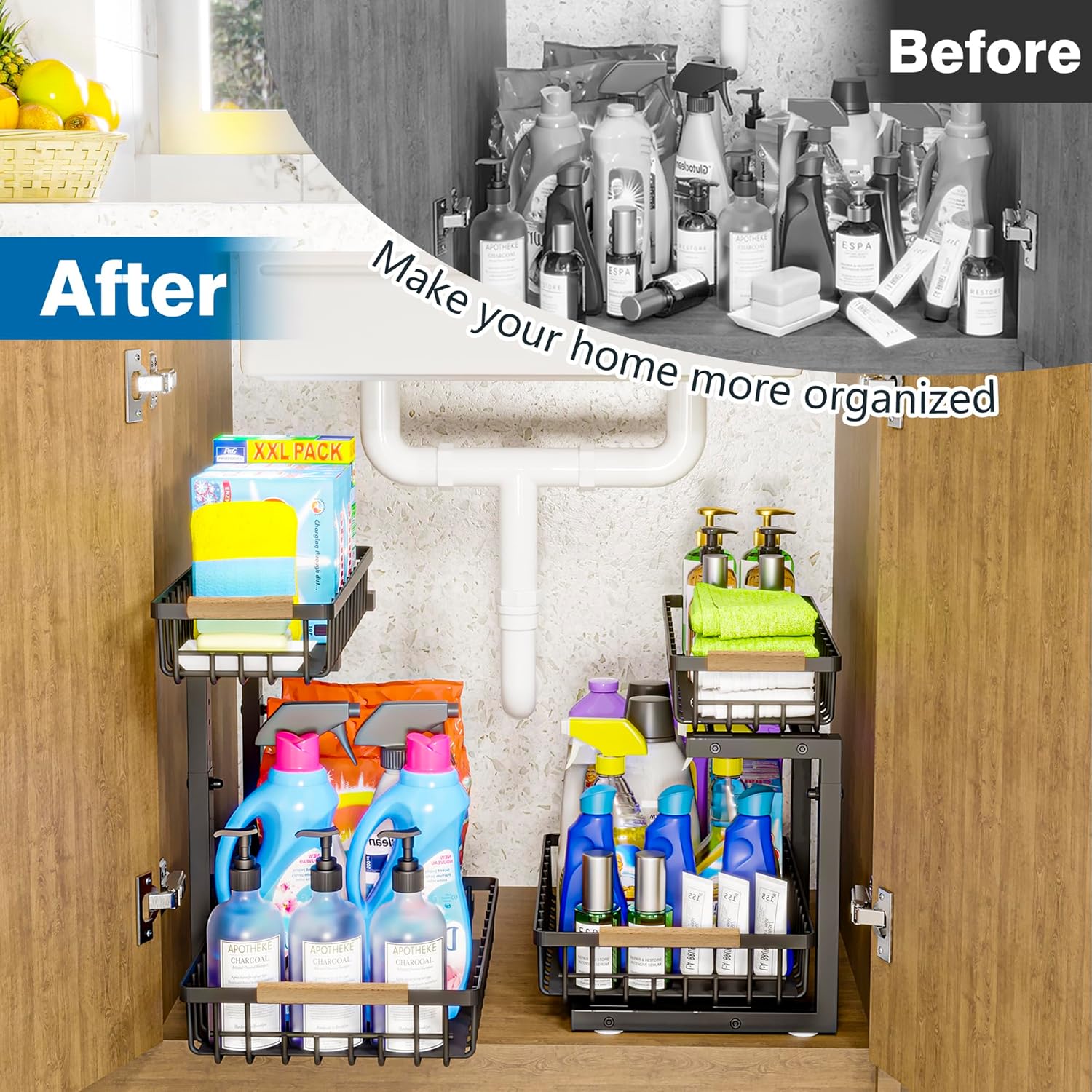 Under Sink Organizers, 2 Tier Pull Out Under Cabinet Organizer，Height Adjustable Pull Out Cabinet Drawers, Metal Sliding Drawer for Kitchen Bathroom Pantry Cabinet Closet Organization Rack，1 Pack