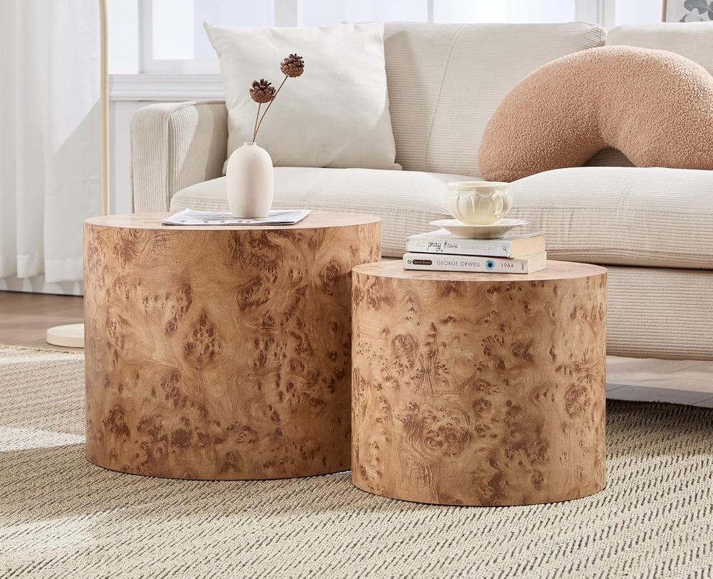 CIMOTA Round Wood Nesting Coffee Table Set of 2, Modern Circle Travertine End...