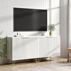 Fluted TV Stand for 60 Inch TV, Modern TV Stand, White Entertainment Center w/ 2 Storage Cabinets, Adjustable Shelves & Gold Handles, Wood Media Cabinet for Living Room, White