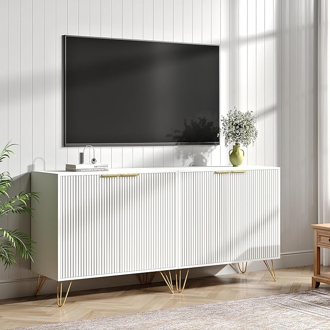 Fluted TV Stand for 60 Inch TV, Modern TV Stand, White Entertainment Center w/ 2 Storage Cabinets, Adjustable Shelves & Gold Handles, Wood Media Cabinet for Living Room, White