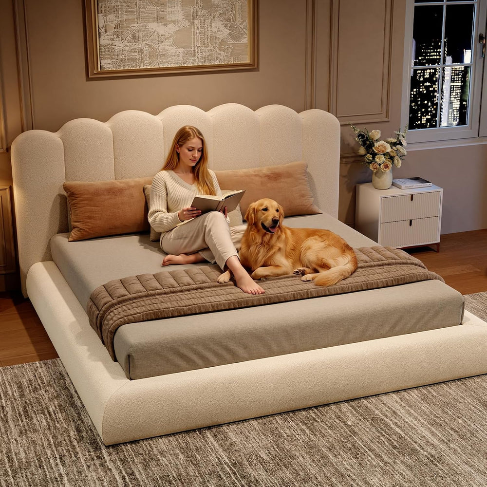King Size Cloud Bed Frame with Wave Headboard, Upholstered Platform Bed with ...