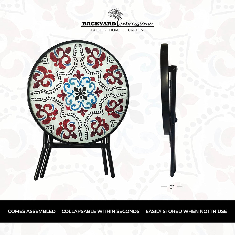 Backyard Expressions Folding Glass Patio Side Table-Mosaic Pattern-18 Inch
