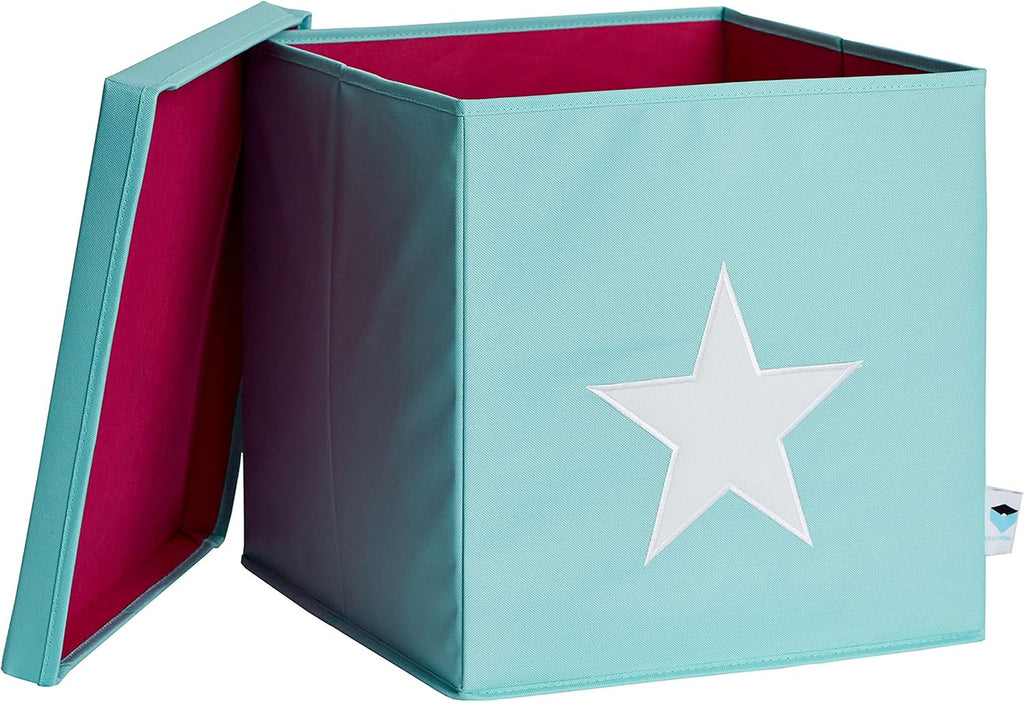 STORE.IT storage box with lid, mint green with white star, medium-density fibreboard reinforced, polyester/MDF, 33 x 33 x 33 cm (672265)
