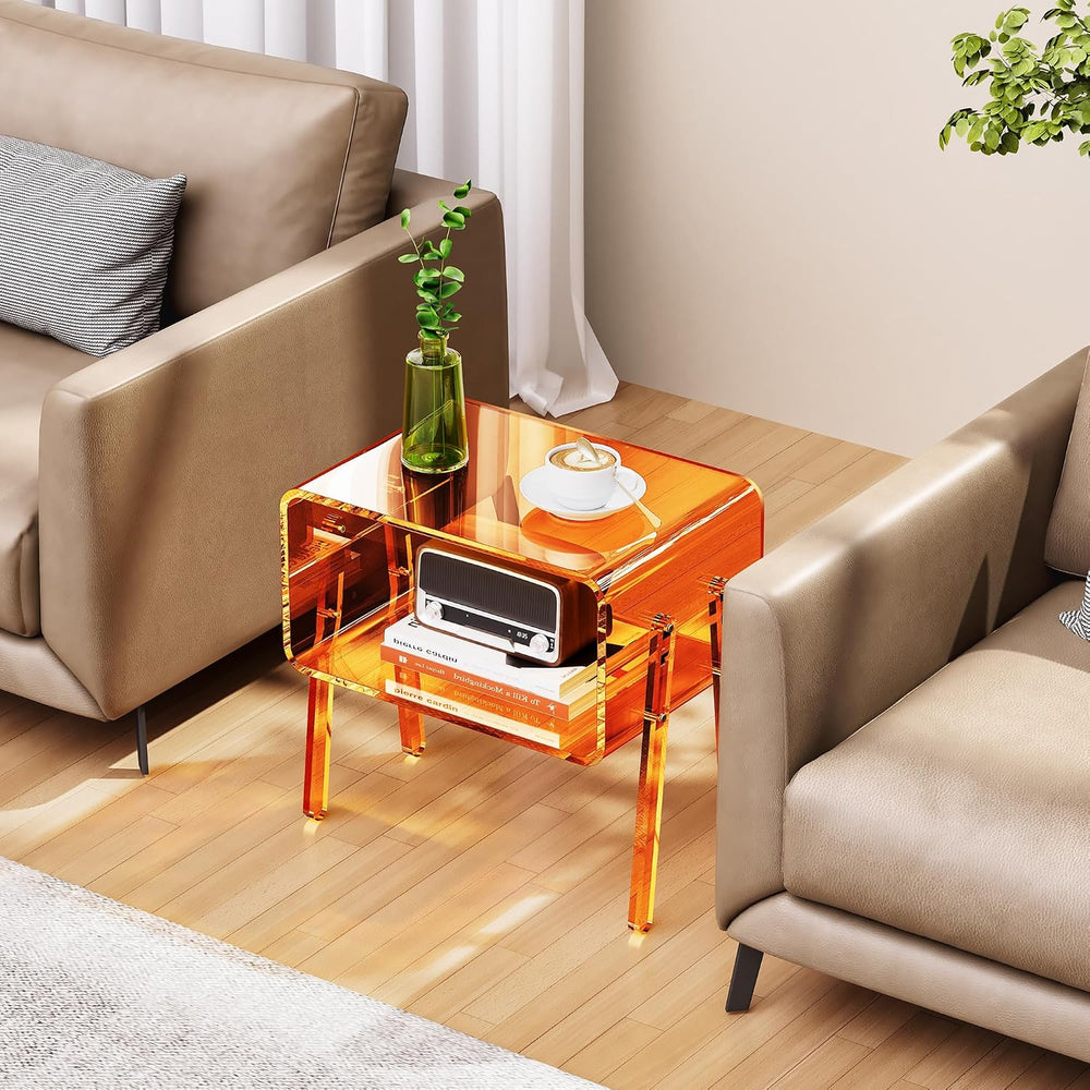 Acrylic Side Table, 2-Tier End Table with Open Storage for Small Spaces, Clea...
