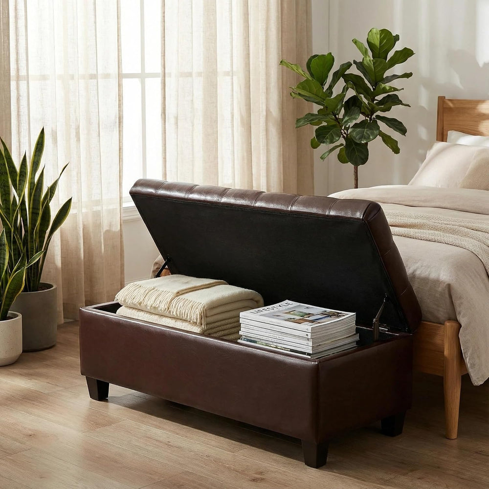 Leather Storage Bench for Living Room, End of Bed Bench with Storage, Large U...
