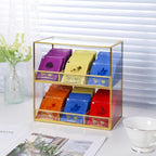 Glass Tea Bag Organizer for Counter, 2-Tier Teabag Organizer Storage Holder for Tea Bags, Glass Caddy Box Containers, Rack Teabag Station Stand for Cabinet Kitchen, 2-Tier, Gold