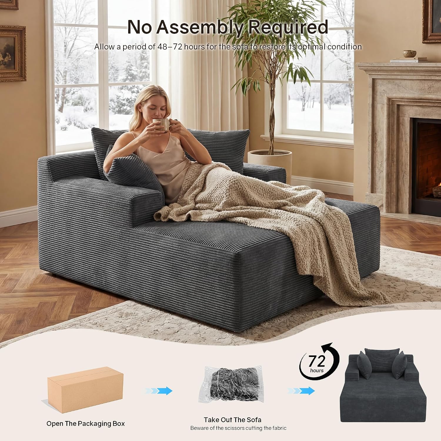 66" Chaise Lounge Chair Indoor, Oversized Boneless Lounge Chair with 3 Pillows, Cloud Reading Chair for Living Room Bedroom, Deep Seat Sleeper Couch, No Assembly Required