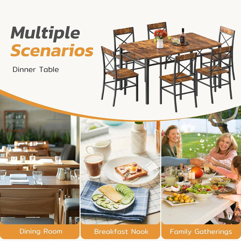 Zevemomo 7-Piece Dining Table Set, Kitchen Table Chairs Set of 6, Brown | Din...