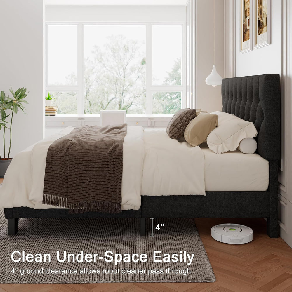 Einhomn King Size Upholstered Bed Frame with Headboard, Tufted Button Linen B...
