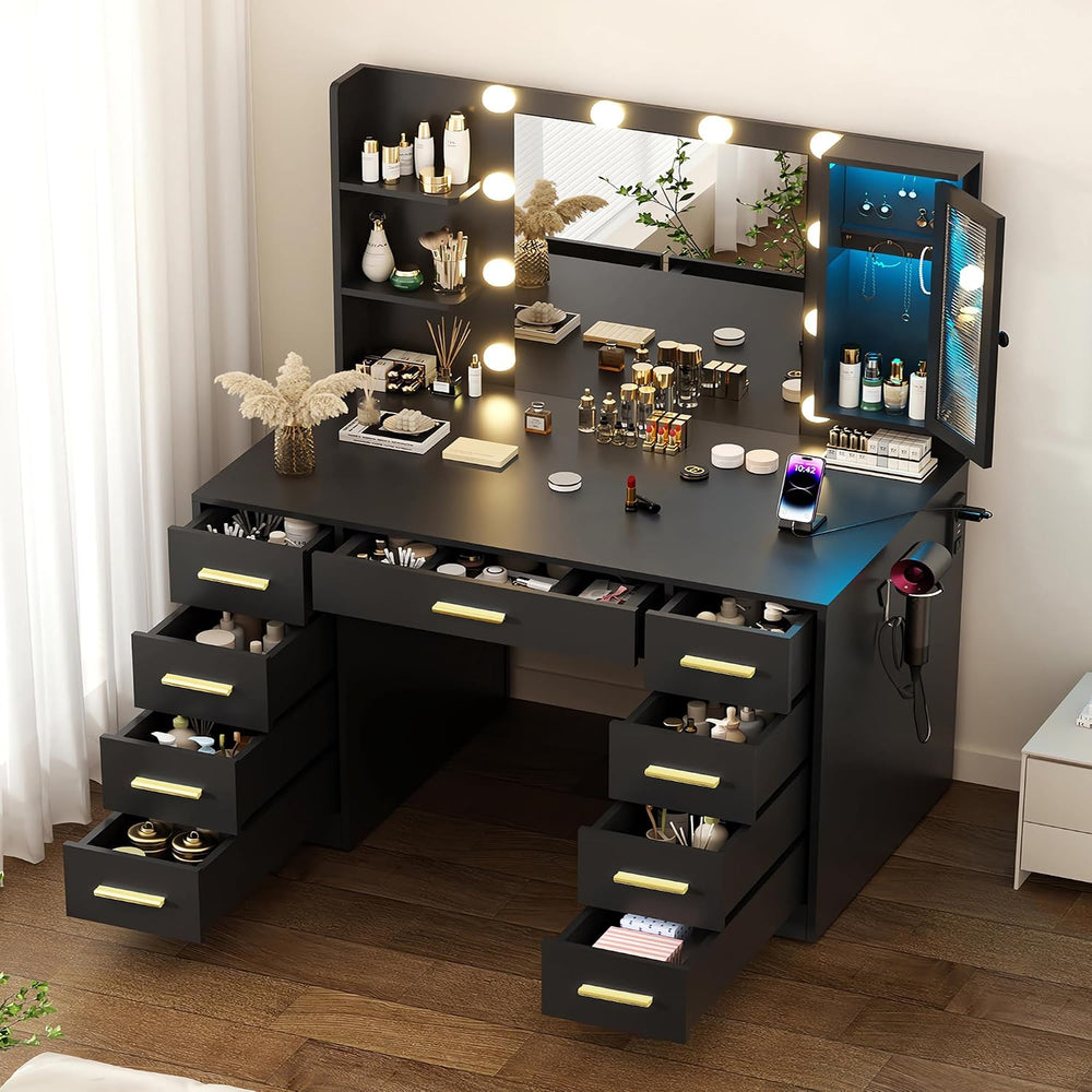 ERLEJIA Vanity Desk with Mirror and Lights, 43" Large Makeup Dressing Ta...