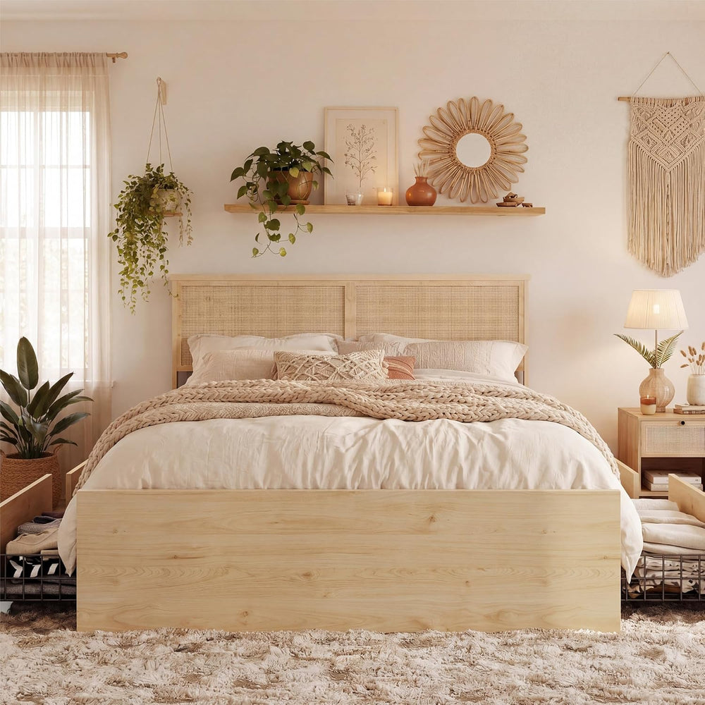Brafab Natural Rattan Queen Bed Frame with Headboard, 4 Storage Drawers