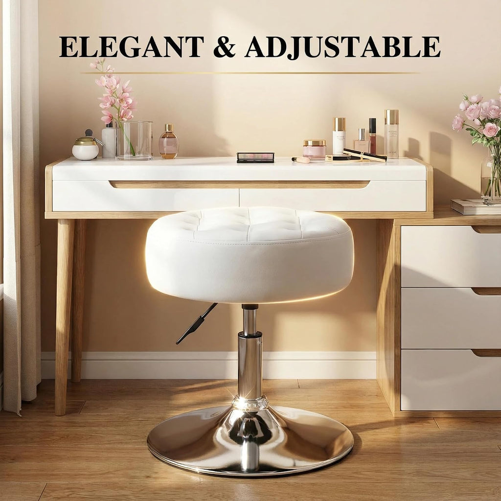 Furnimart Modern 360° Swivel Round White Vanity Ottoman Stool,Faux Leather Contemporary Makeup Accent Stool for Bedroom Living Room Entryway (Pu-White)