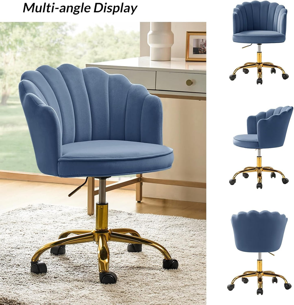 HULALA HOME Velvet Home Office Desk Chair with Gold Base, Slate-Blue | Adjust...