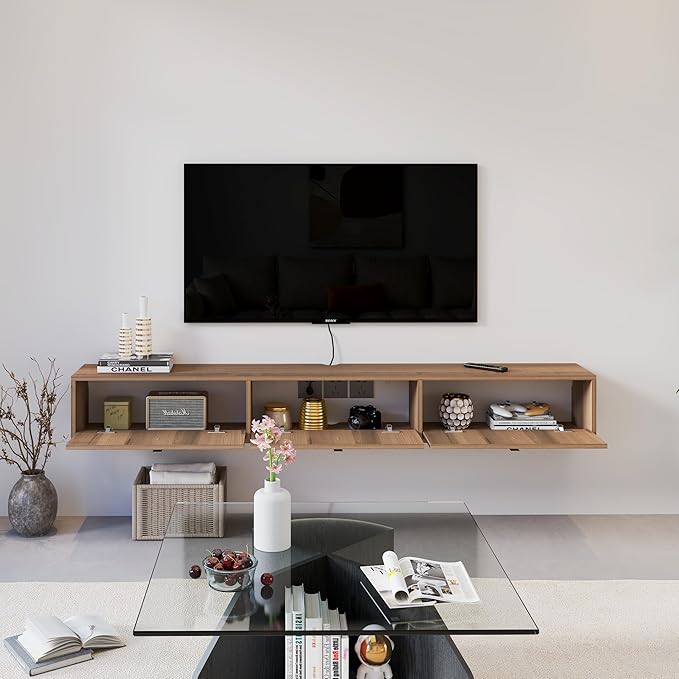 Solid Wood Floating TV Shelf, 71'' Wall Mounted TV Cabinet, Floating Shelves with 3 Doors, Wooden Mid-Century Entertainment Media Console Center Large Storage Under TV (Walnut)