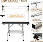 46" Foldable Dog Grooming Table with Adjustable H-Frame Arm & 2 Nooses, Heavy-Duty Stainless Steel Frame, Non-Slip Top, Tool Caddy and Mesh Tray, Black