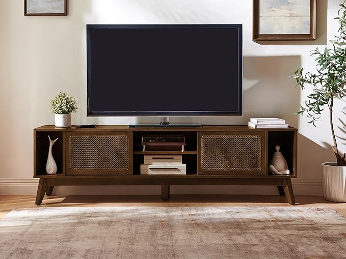 LKTART 68 Inch Mid Century Modern TV Stands with Rattan Doors,MCM Entertainment Center Media Console for 60/65/70/75 inch TVS,Long Boho Television Stand for Living Room, Dark Walnut