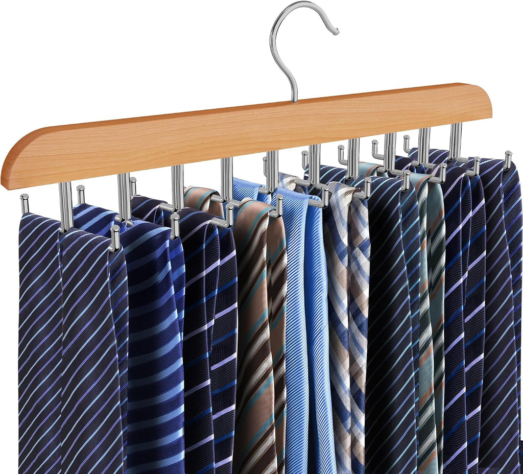 Tie Rack Hanger for Closet, 2 in 1 Belt Tie Hangers with 20 Folding Hooks, 360 Degree Rotating Wooden Tie Holder Organizer for Men Ties Belts Scarves Tank Tops Accessories, Wood (1 Pack)