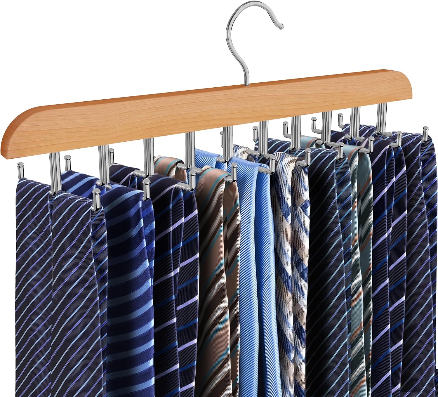 Tie Rack Hanger for Closet, 2 in 1 Belt Tie Hangers with 20 Folding Hooks, 360 Degree Rotating Wooden Tie Holder Organizer for Men Ties Belts Scarves Tank Tops Accessories, Wood (1 Pack)