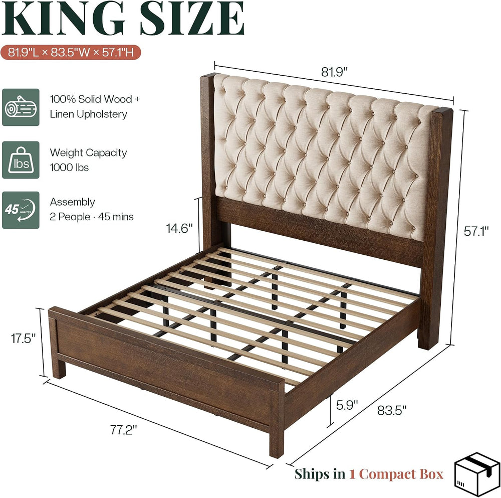 Jocisland King Size Solid Wood Bed Frame,57" Wingback Headboard,Walnut