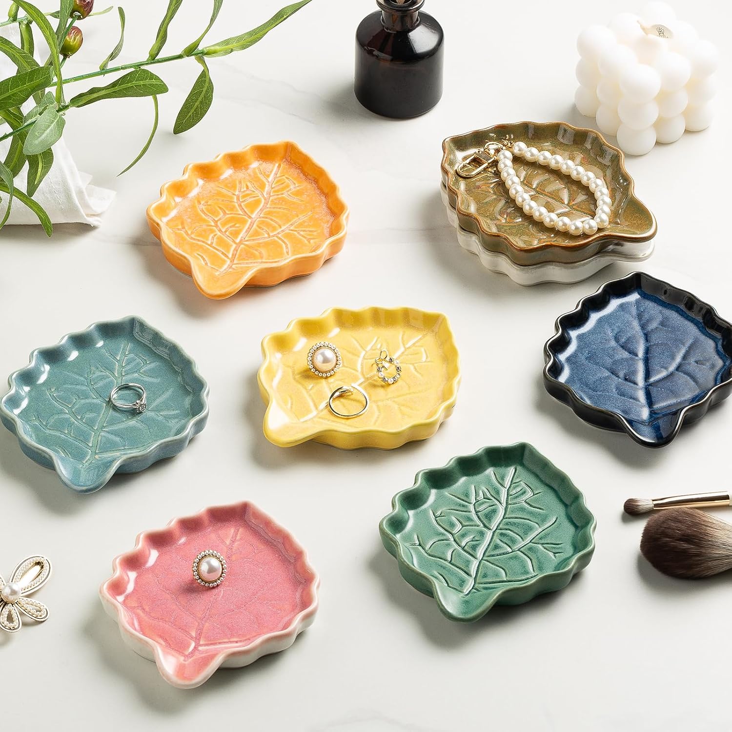 Ceramic Leaf Ring Dish, Small Trinket Tray with Gift Box | Holds rings, earrings, necklaces, keys, coins, and hair clips in one easy-to-see spot for daily use at home